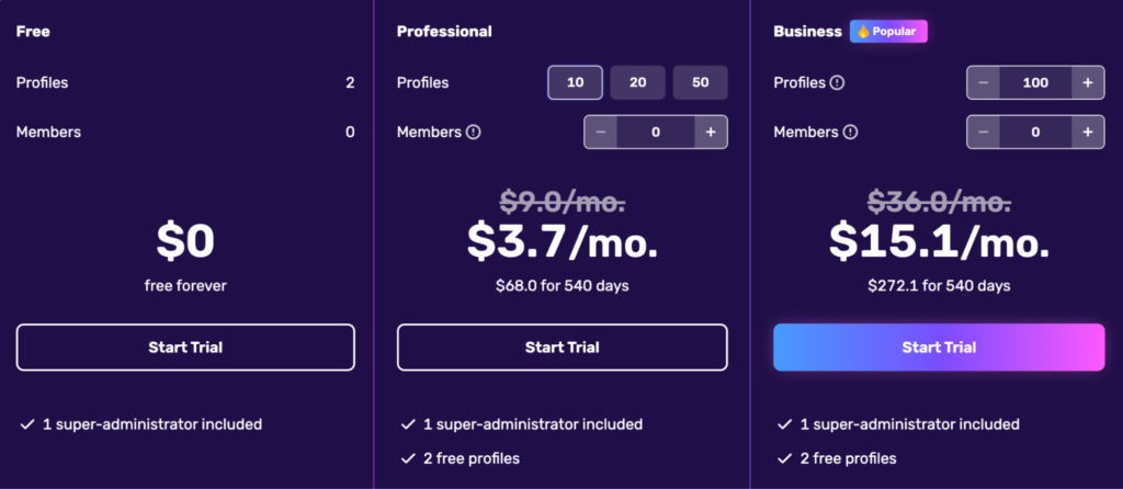 Типы тарифов AdsPower