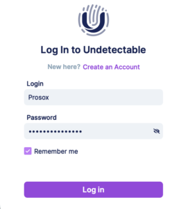 Экран входа в Undetectable с заполненными полями