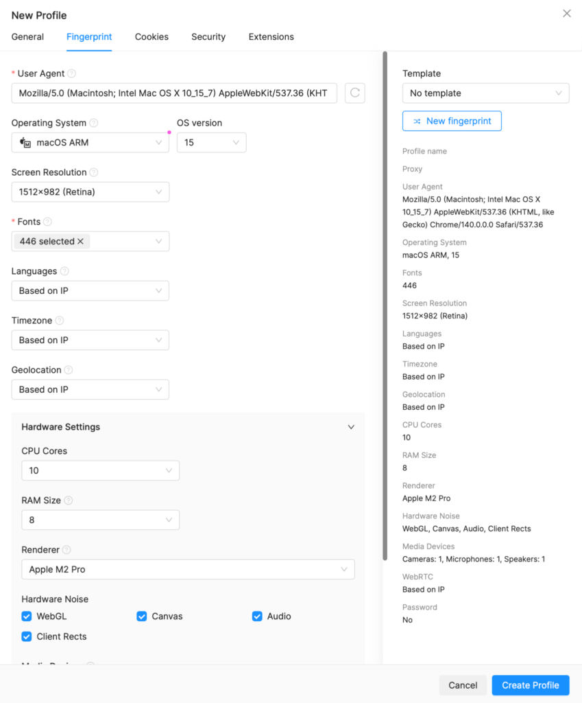 Настройки отпечатков в Octo Browser