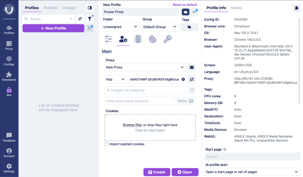 Добавление данных резидентских прокси в Undetectable