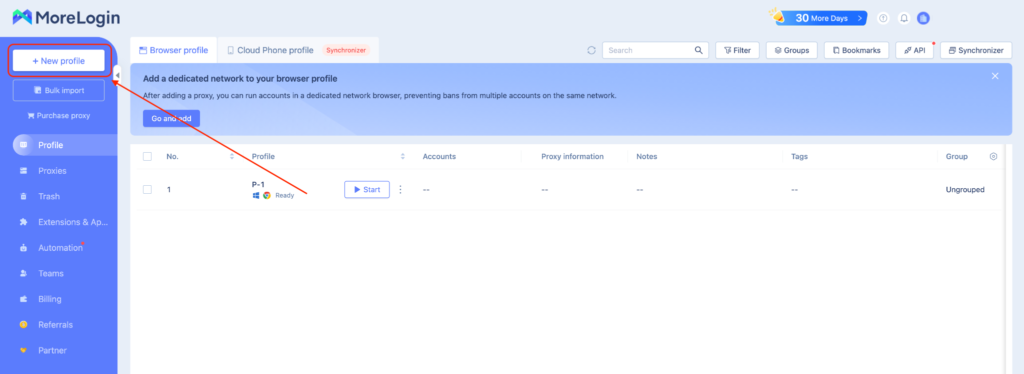 Указано стрелкой, как создать новый профиль в MoreLogin