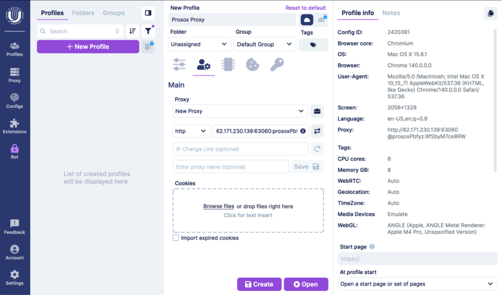 Добавление данных прокси в Undetectable