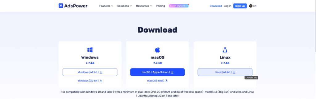 Экран выбора ОС на сайте AdsPower