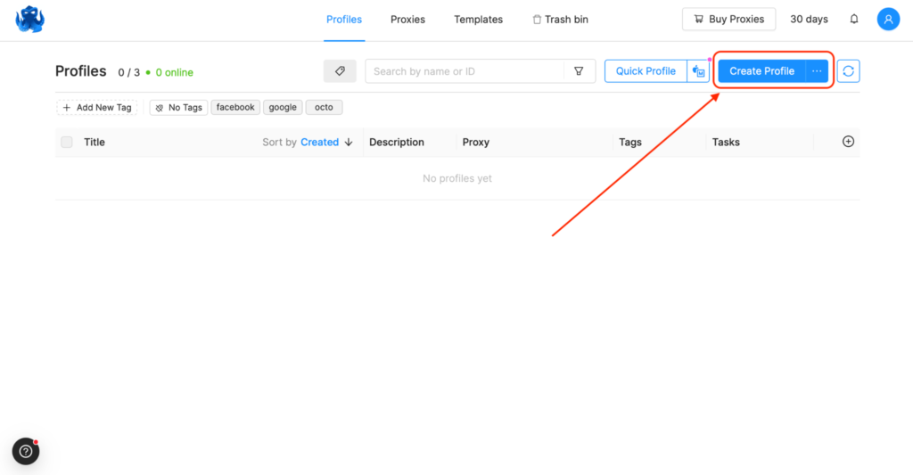 Экран с профилями в Octo Browser, где выделено создание нового профиля