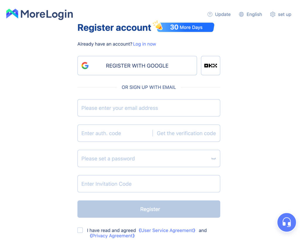 Экран регистрации в MoreLogin