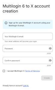 Экран регистрации в Multilogin X