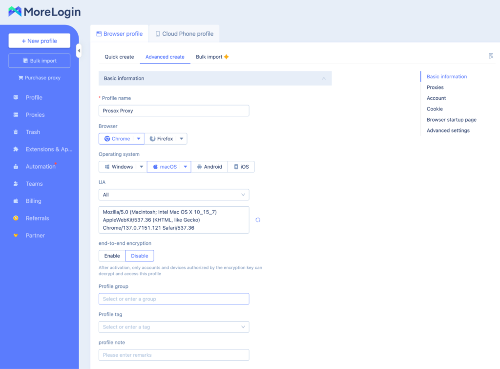 Добавляем данные для профиля MoreLogin