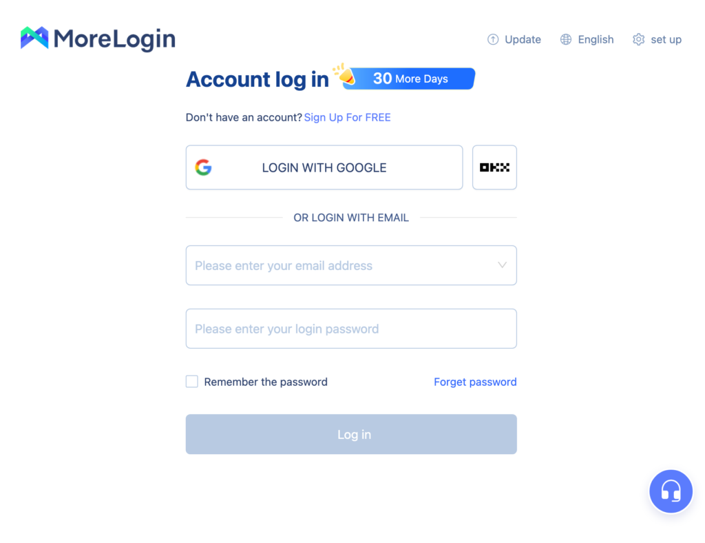 Экран ввода логина и пароля в MoreLogin