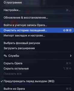 Выбрано "Очистить историю посещений" в настройках Оpera