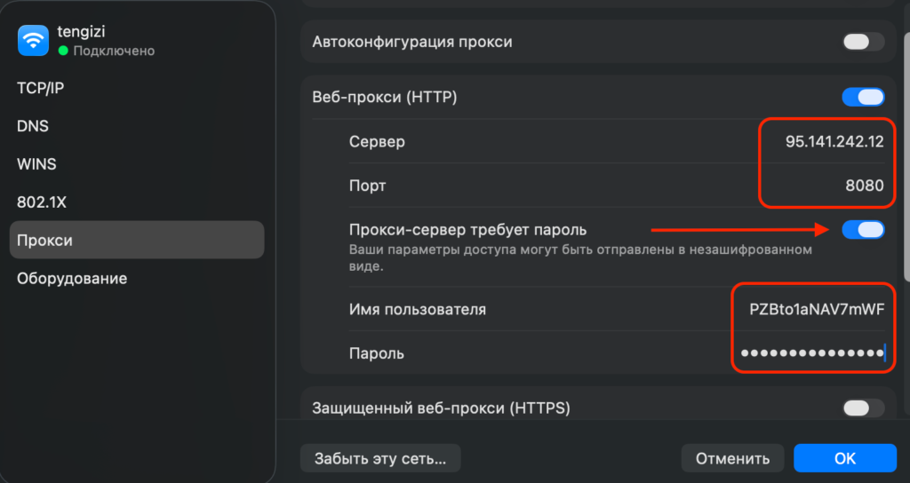 Введены данные прокси в настройках