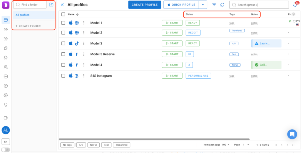 Assigning statuses, tags, and notes. Sorting profiles 