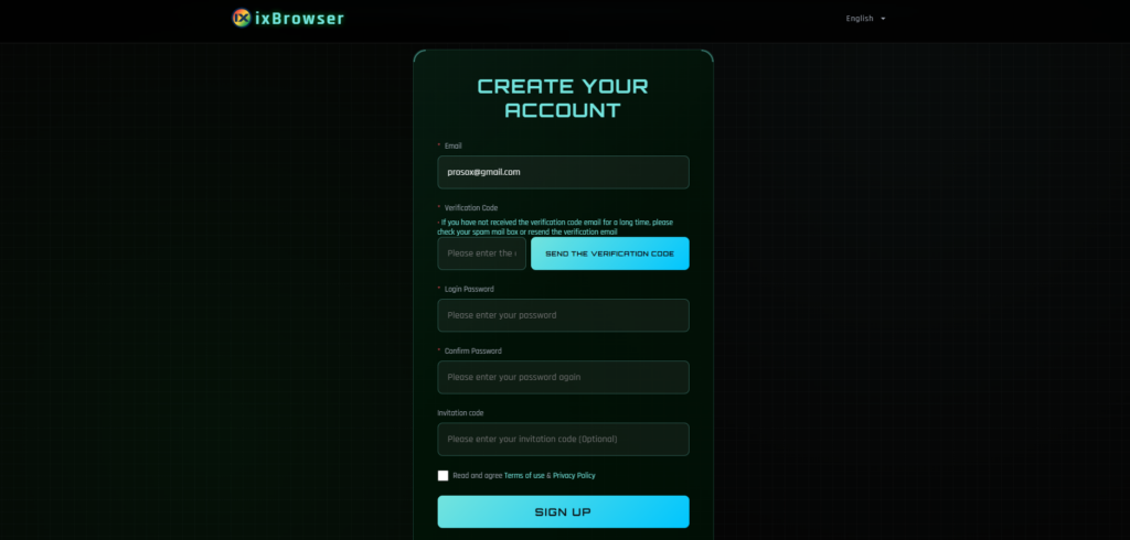 registering an account in ixbrowser 