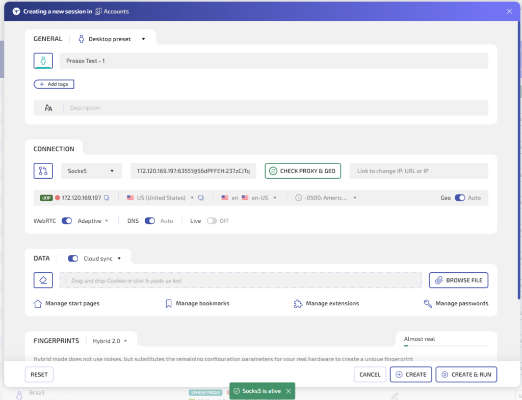 Нажмите “Сheck proxy & GEO”, чтобы убедиться в работоспособности адреса.