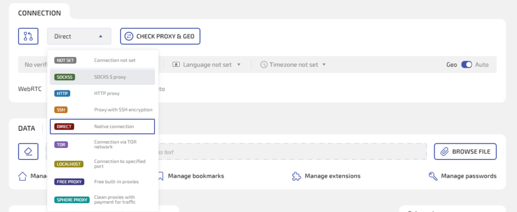 Choose the proxy type and add the connection data