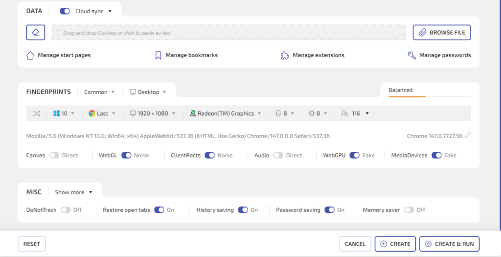 Choose the settings for working with the browser fingerprint