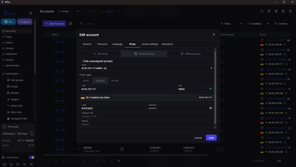 Afina proxy and network settings inside a browser profile