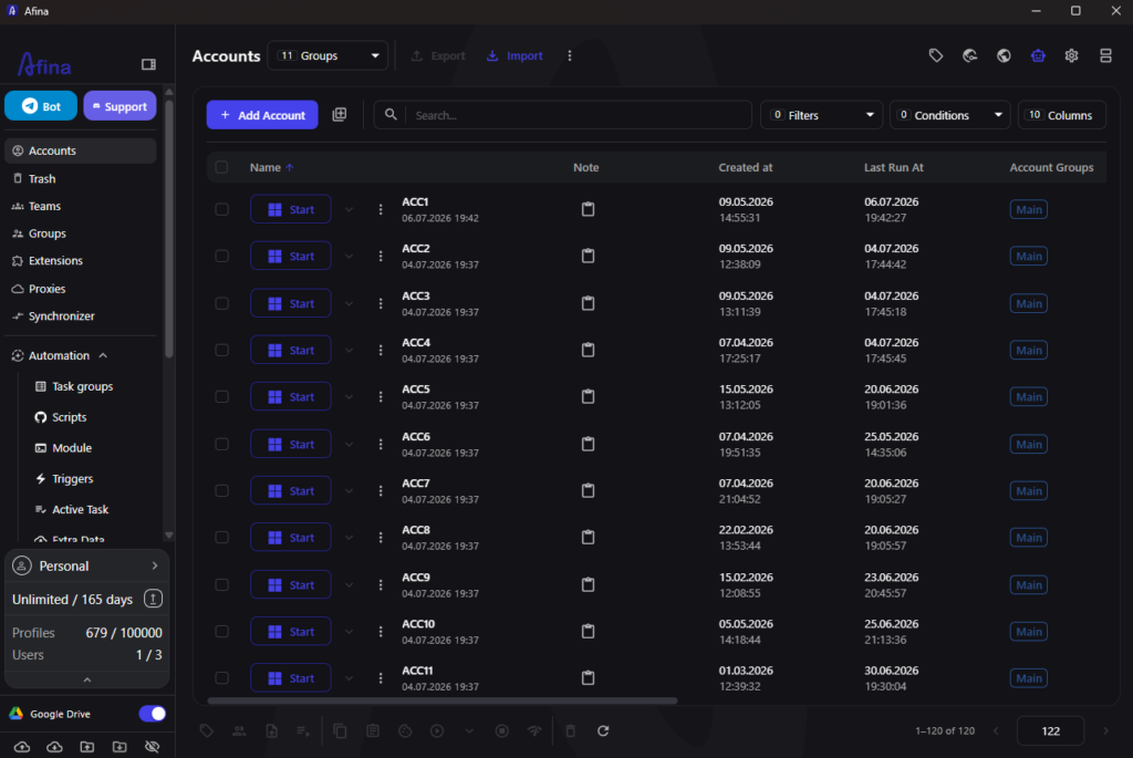 Afina account table with browser profiles, groups, tags and launch statuses